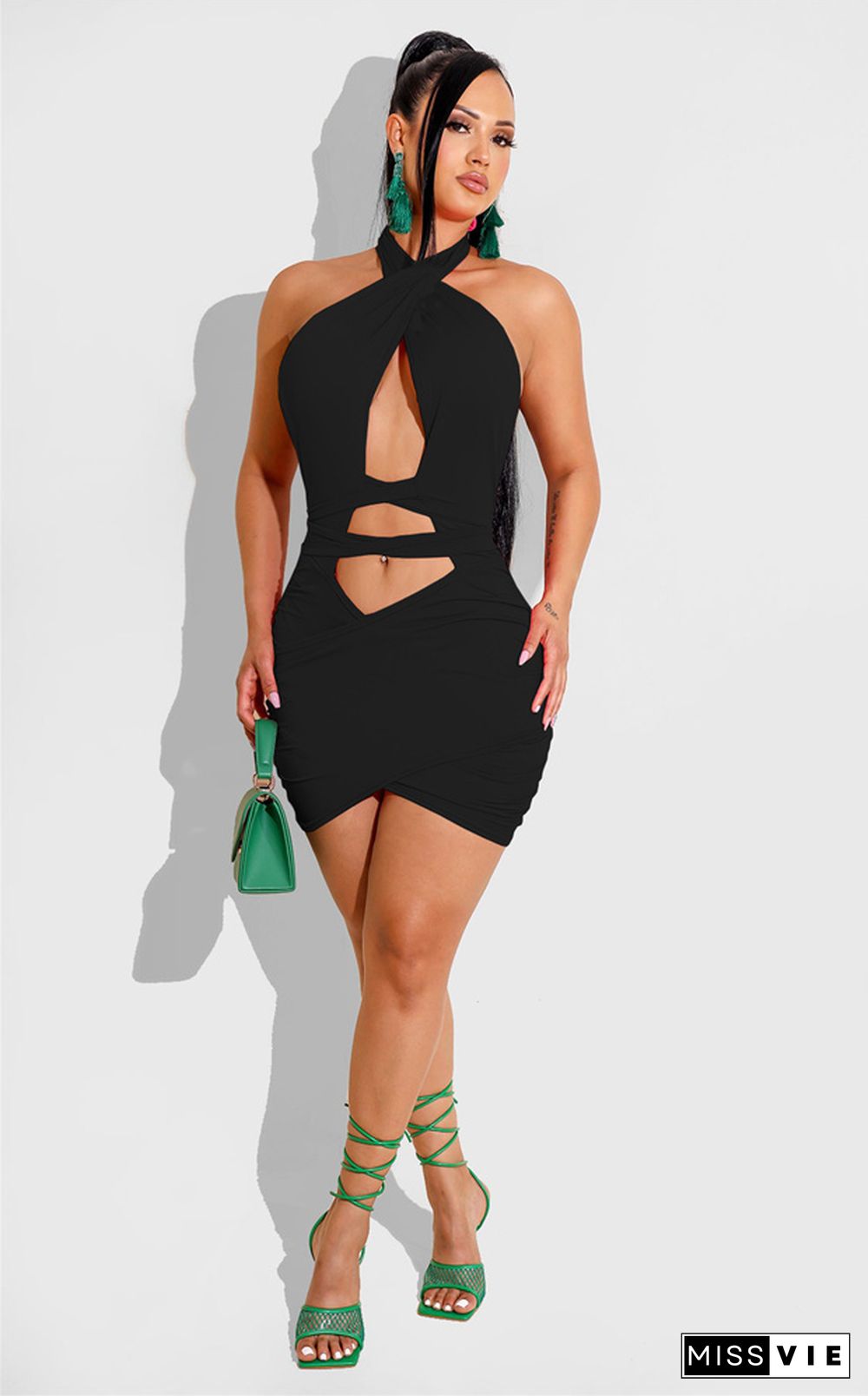 Cross Halter Sleeveless Cut Out Bodycon Dress