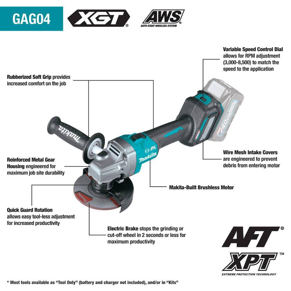 Makita 40V Max XGT Brushless Cordless 4-125 in. Angle Grinder Kit with Electric Brake AWS Capable (4.0Ah) GAG04M1