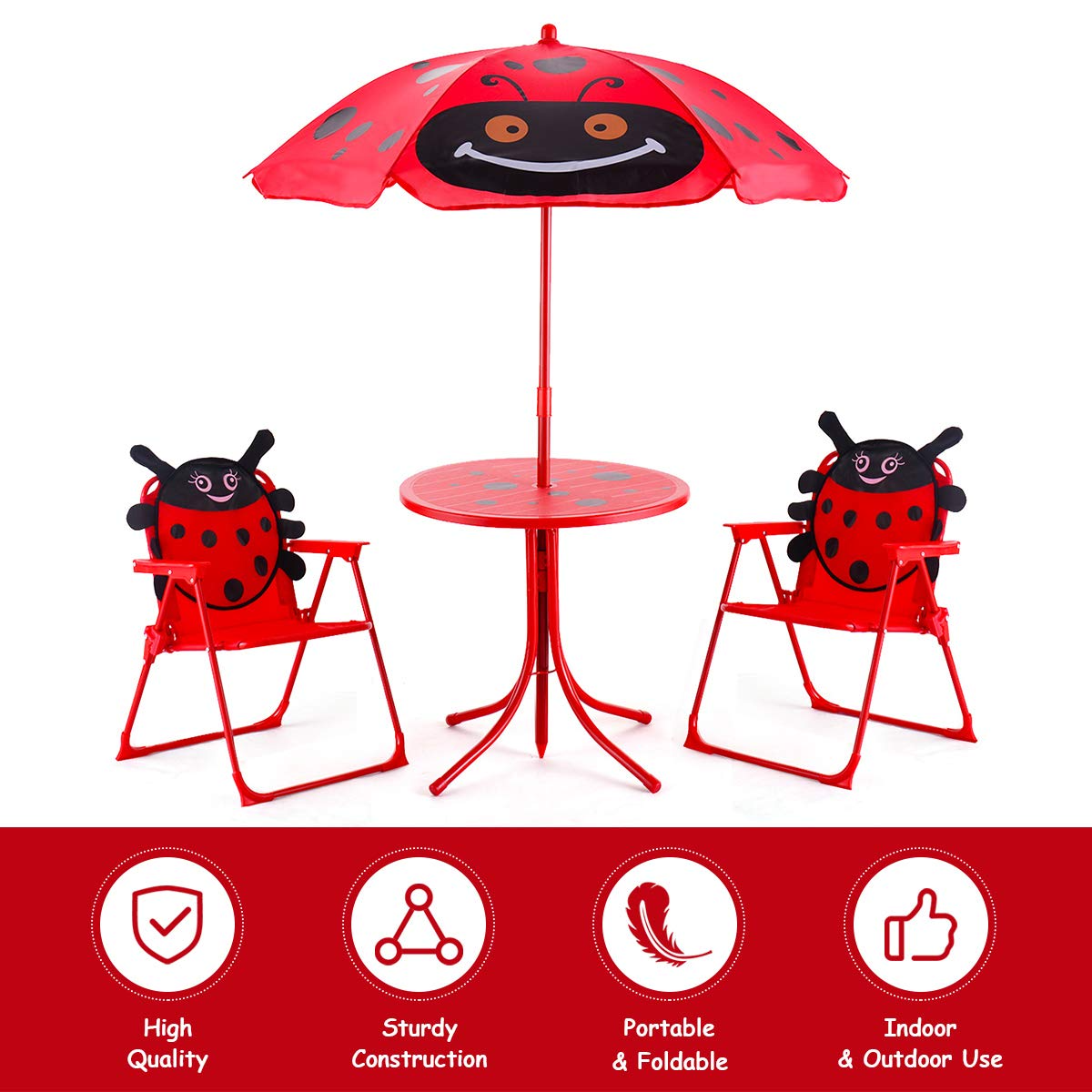 Costzon Kids Table and 2 Chair Set, Ladybug Folding Picnic Table Set with Removable Umbrella for Indoor Outdoor Garden Patio