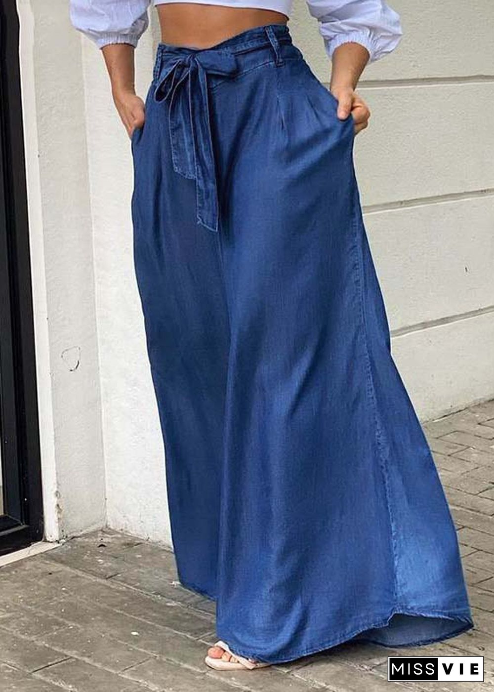 Italian Blue Tie Waist Oversized Denim Wide Leg Pants Trousers Summer