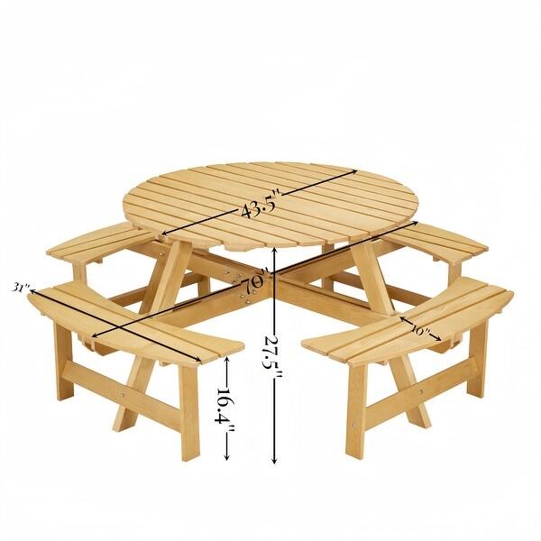 Outdoor 8 Person Picnic Table，8 person Round Picnic Table with 4 Builtin Benches，Umbrella Hole