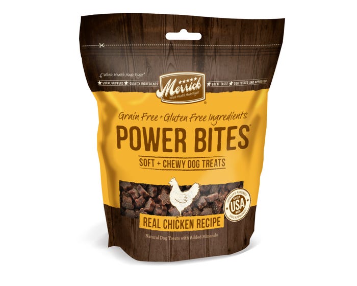 Merrick Power Bites Chicken Recipe Grain Free Dog Treats， 6 oz. Pouch