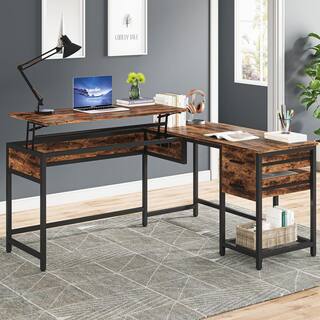 TRIBESIGNS WAY TO ORIGIN 59 in. L-Shaped Rustic Brown Wood 2 Drawer Computer Desk with Lift Top and Shelf HD-F1607