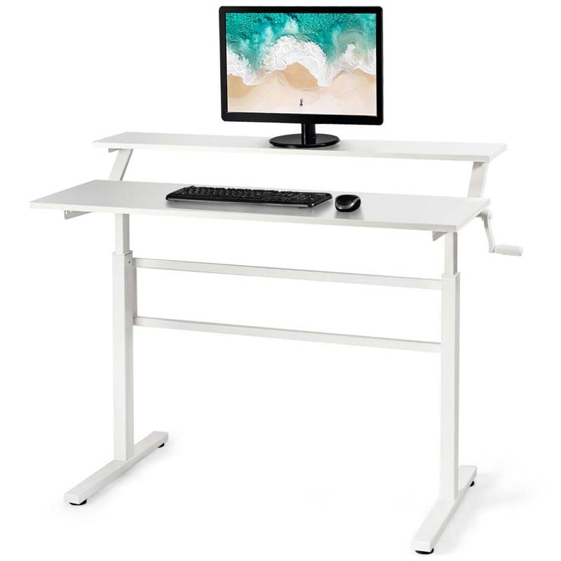 2-Tier Standing Desk, Height Adjustable Sit Stand Up Desk, Computer Desk Workstation with Monitor Stand & Foldable Crank Handle