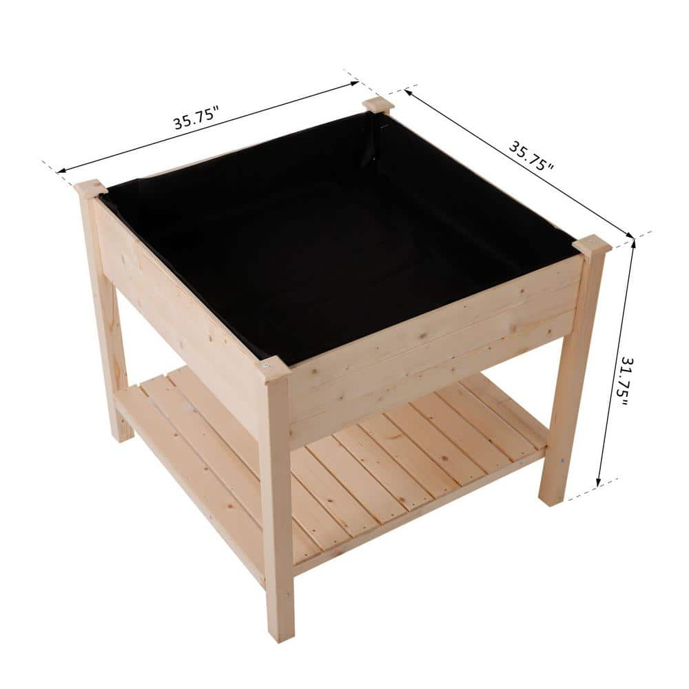 Outsunny 36 in. L x 36 in. W x 32 in. H Wood Square Outdoor Raised Garden Bed Planter Box with Shelf 845-241