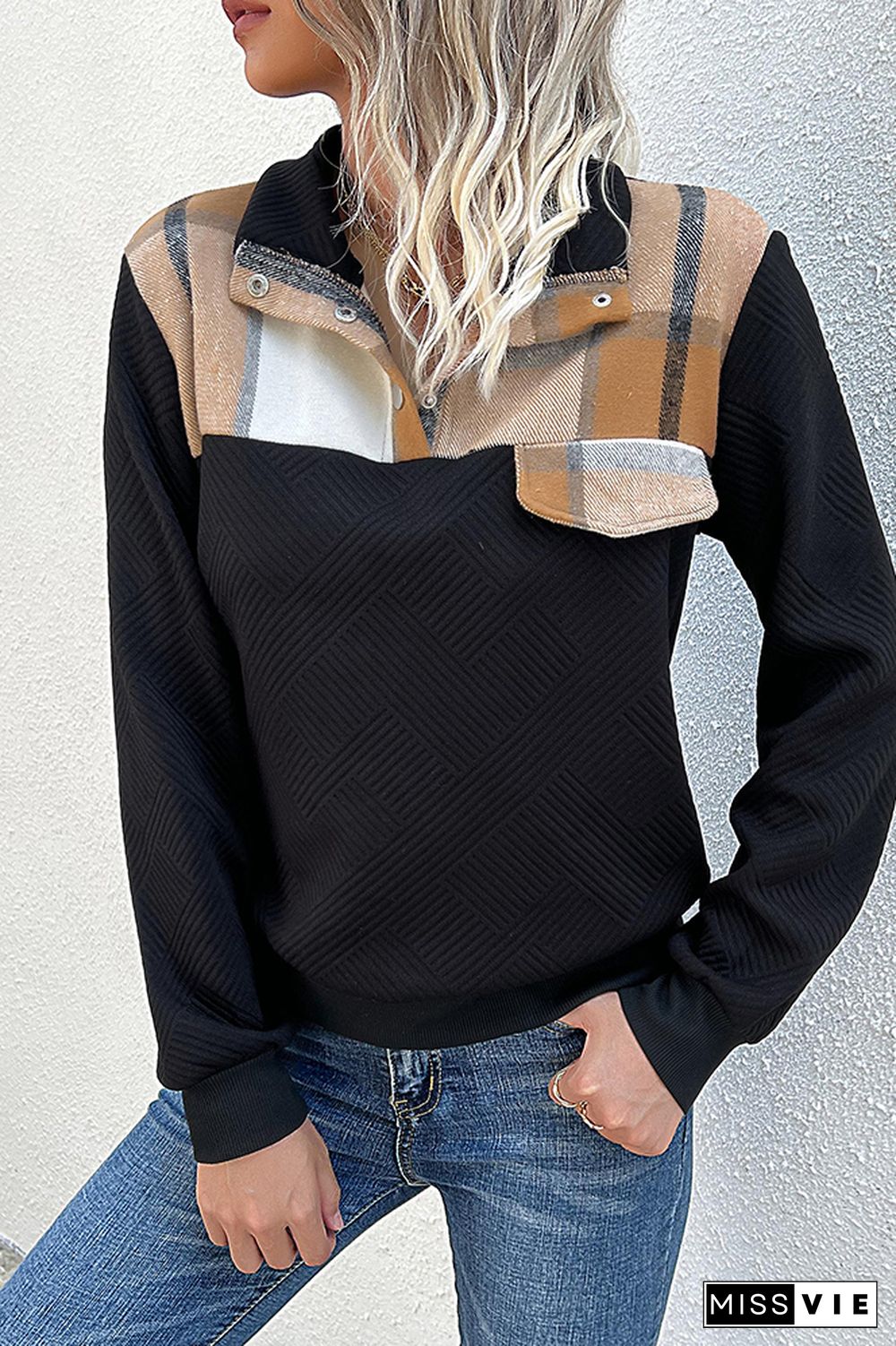 Black Stand Collar Snap Button Plaid Splicing Sweatshirts