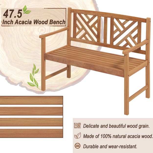 Tangkula 2 person Acacia Wood Bench Outdoor Slats Loveseat Chair With Armrest 800lbs Load Capacity Comfortable Patio Chair