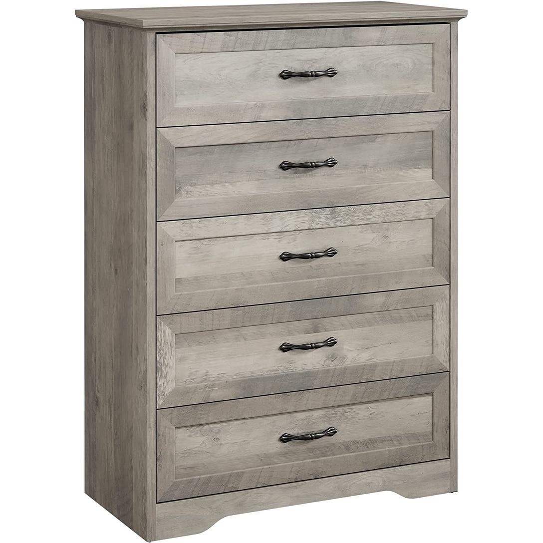 Dresser for Bedroom with 5 Drawers， Tall Wood Drawer Dresser Chest of Drawers for Closet