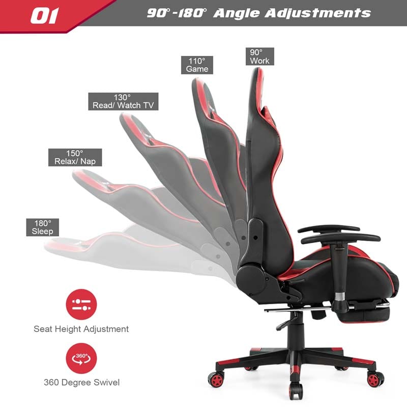 PU Leather Massage Gaming Chair with Footrest, Height Adjustable High Back Ergonomic Gamer Racing Recliner, Swivel PC Game Chair Office Chair