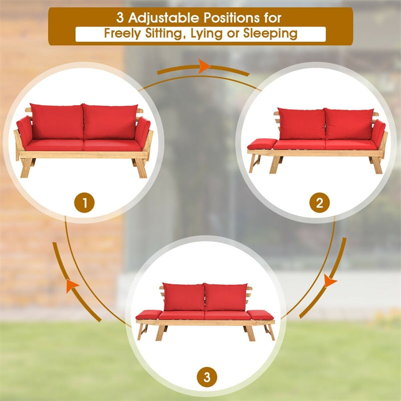 Acacia Wood Patio Daybed Convertible Couch Sofa Bed, Outdoor Folding Chaise Lounge Bench with Adjustable Armrest