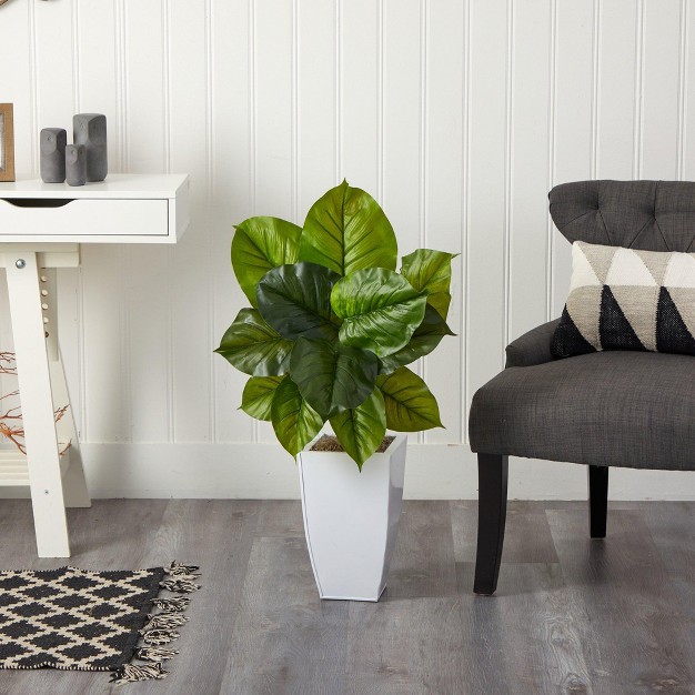 Nearly Natural 34-in Large Philodendron Leaf Artificial Plant In White Metal Planter