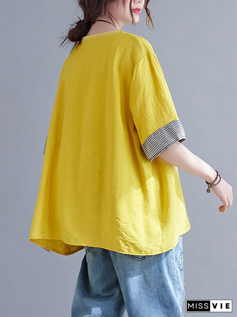 Original Letter Print Split-Joint Round-Neck T-Shirts Tops