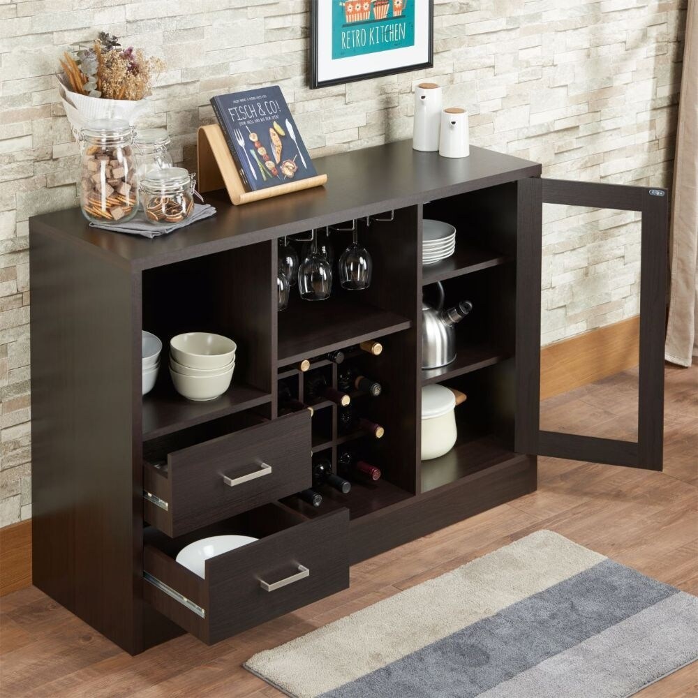 Sideboard Buffet Cabinet  Kitchen Storage Cabinet Modern 2 Door Buffet Cabinet with Open Open Storage and Wine Rack