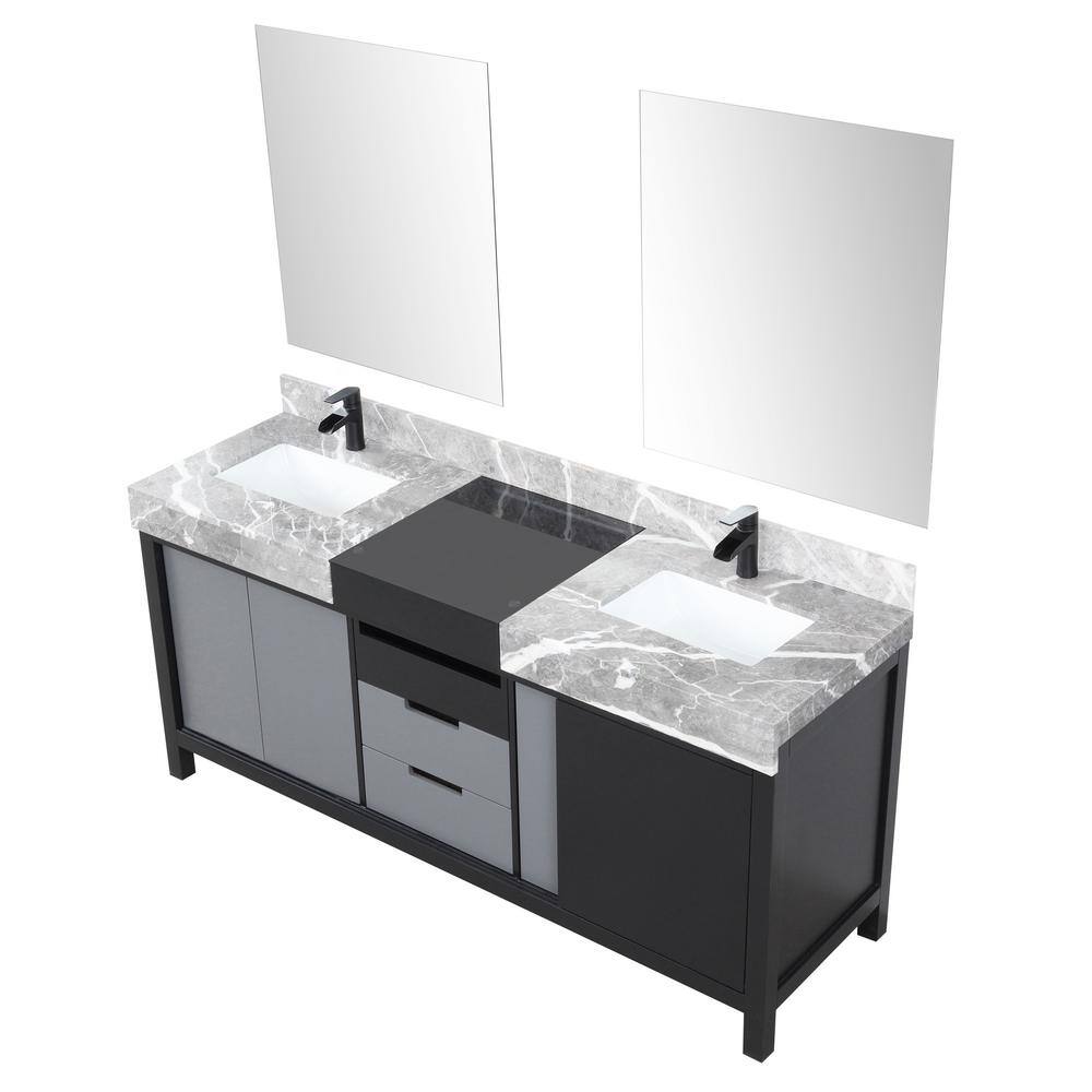 Lexora Zilara 72 in W x 22 in D Black and Grey Double Bath Vanity Castle Grey Marble Top Matte Black Faucet and 28 in Mirrors LZ342272DLISM28FCM