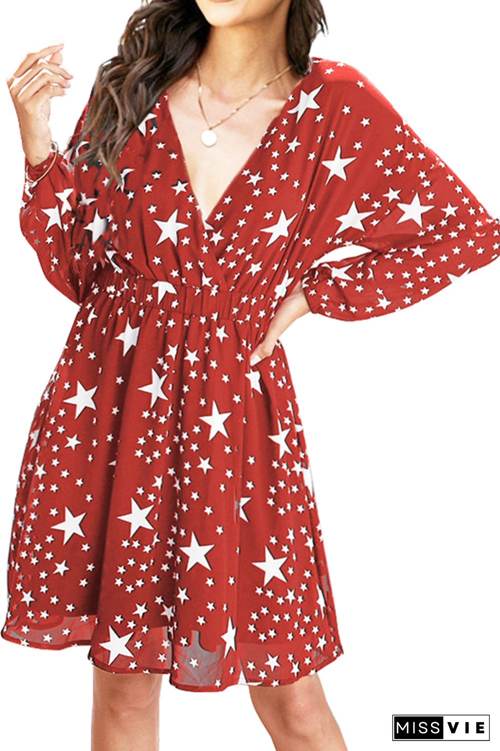 Star Print V Neck Baggy Long Sleeves Mini Dress