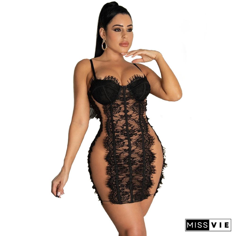 Sheer Mesh Patchwork Lace Padded Night Mini Dress