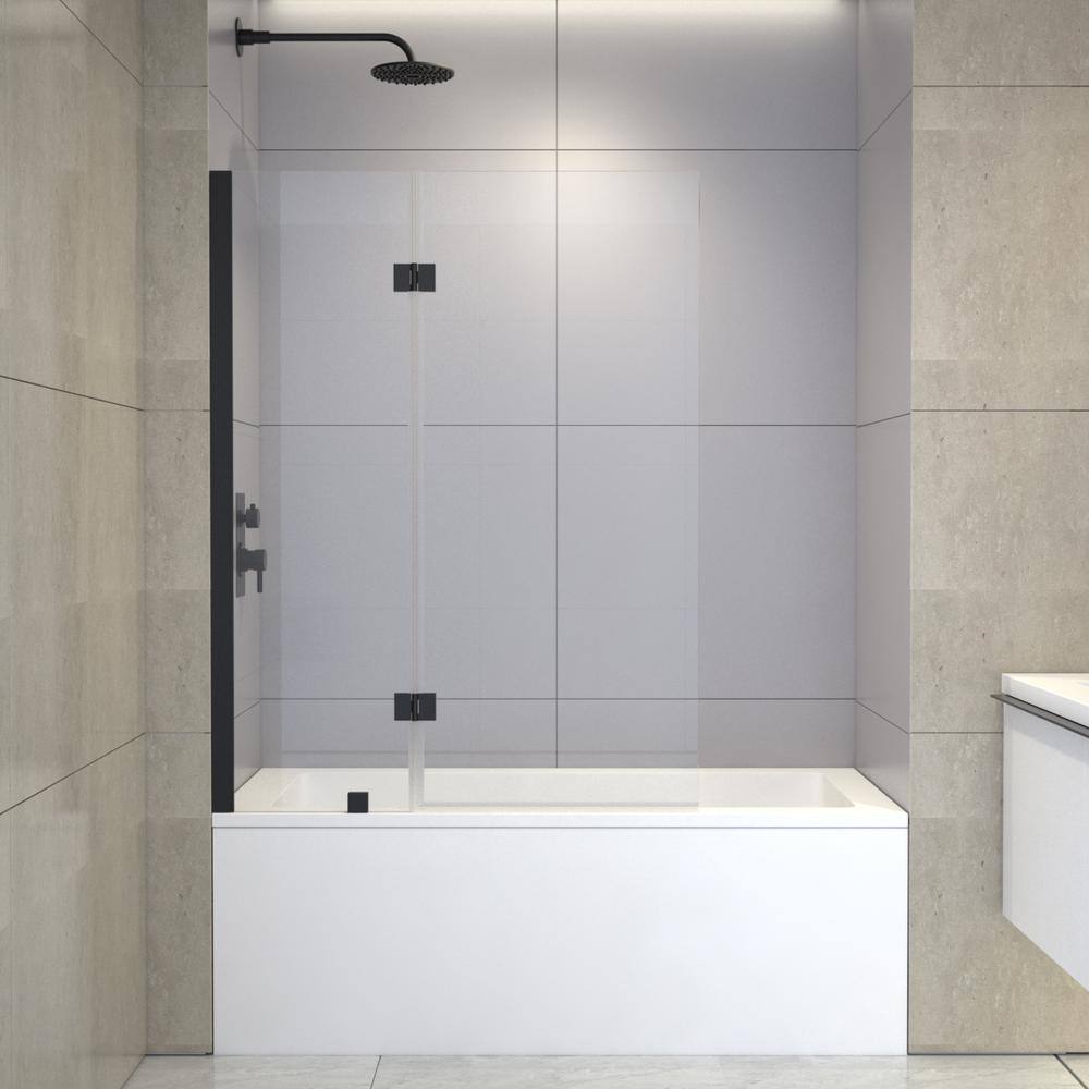 AE Zavana 42 in. W x 55 in. H Pivoting Frameless Tub Door in Black Zavana