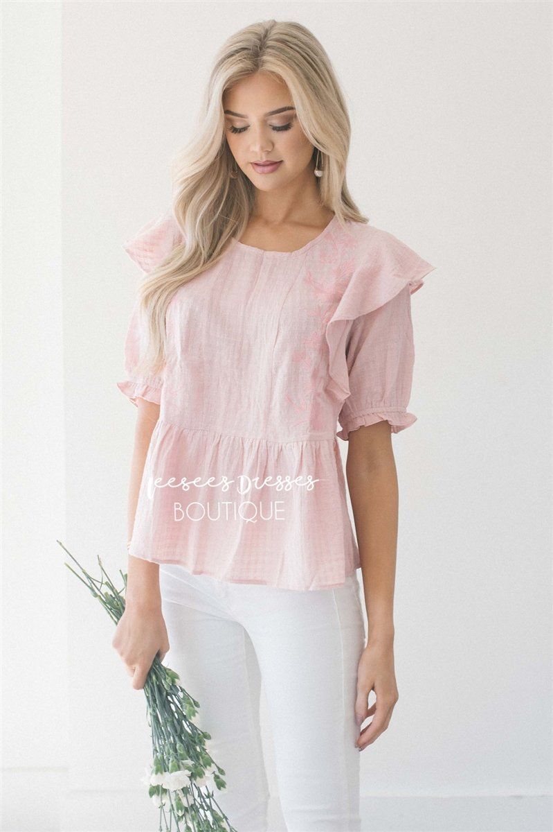 Embroidered Peplum Ruffle Sleeve Top