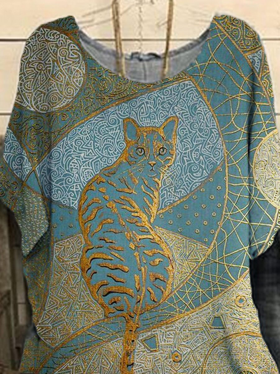 Womens  Short-sleeved Round Neck Cat Printing Blouse