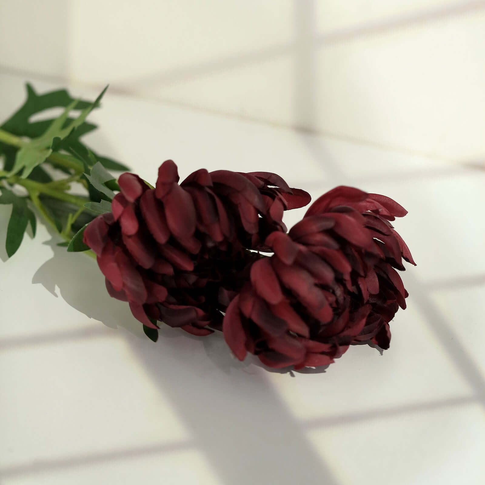 3 Stems Burgundy Artificial Silk Chrysanthemum Bouquet Flowers, Large Faux Mum Branches 27