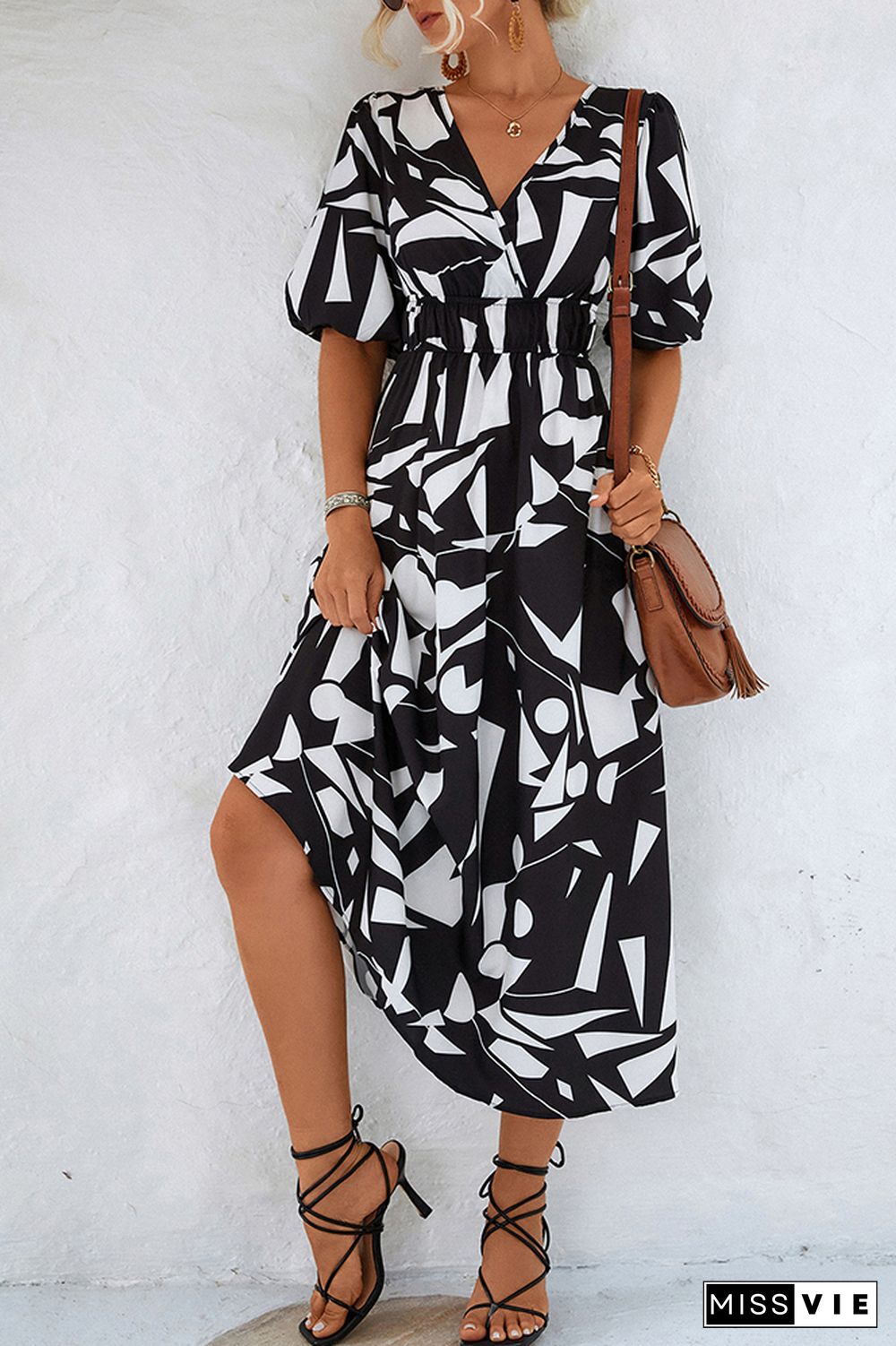 Wrap V Neck Geometric Print Bubble Sleeves Maxi Dress