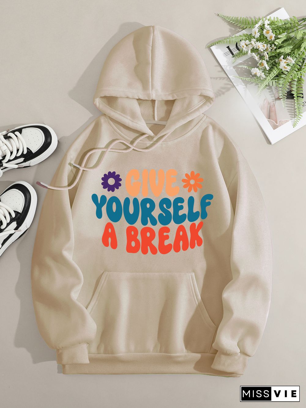 Printed on front Kangaroo Pocket Hoodie Long Sleeve for Women Pattern give yourself a break