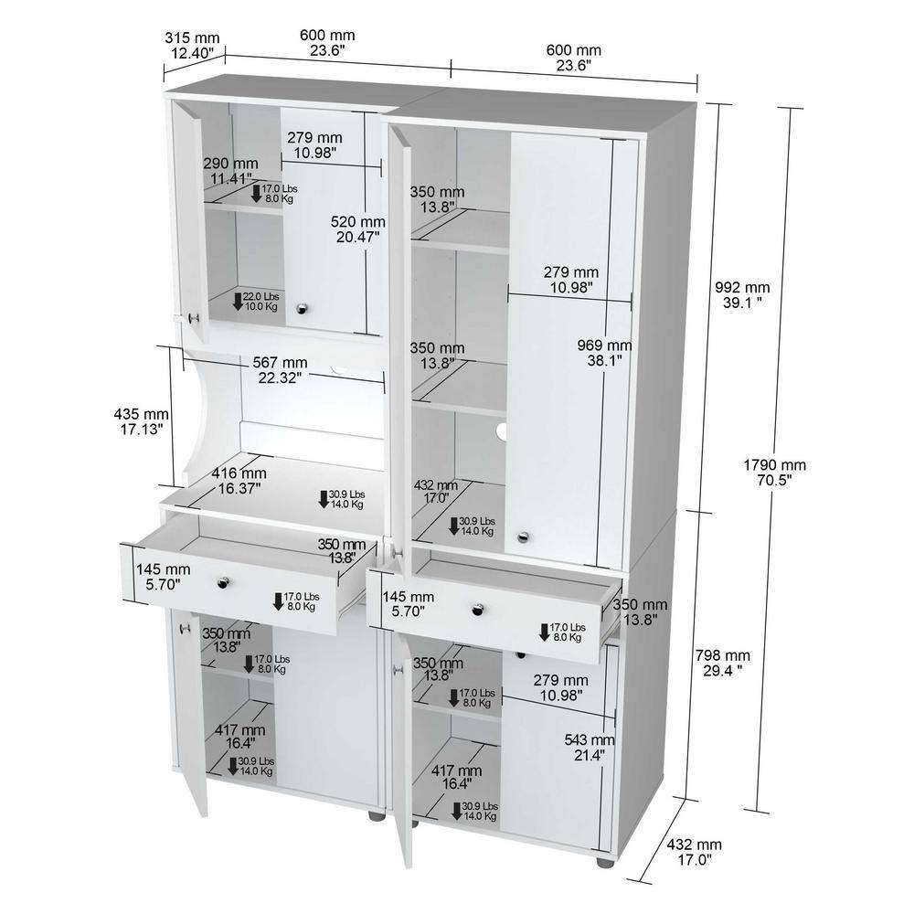 Inval Ready to Assemble 47.2 in. W x 70.5 in. H x 17 in. D Kitchen Storage Utility Cabinet in White (2-Piece) KS-GP3