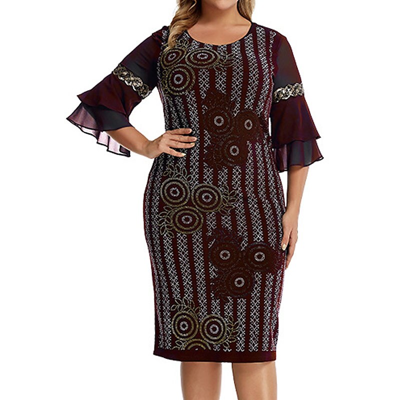 Women's Plus Size Holiday Dress Floral Crew Neck Ruffle Vintage Dress