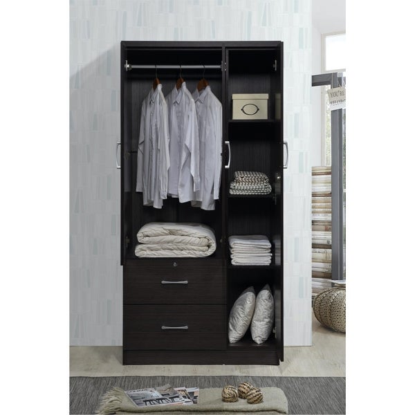 Hodedah Import 3 Door Armoire with Clothing Rod， Shelves， and 2 Drawers， Chocolate - - 37191679