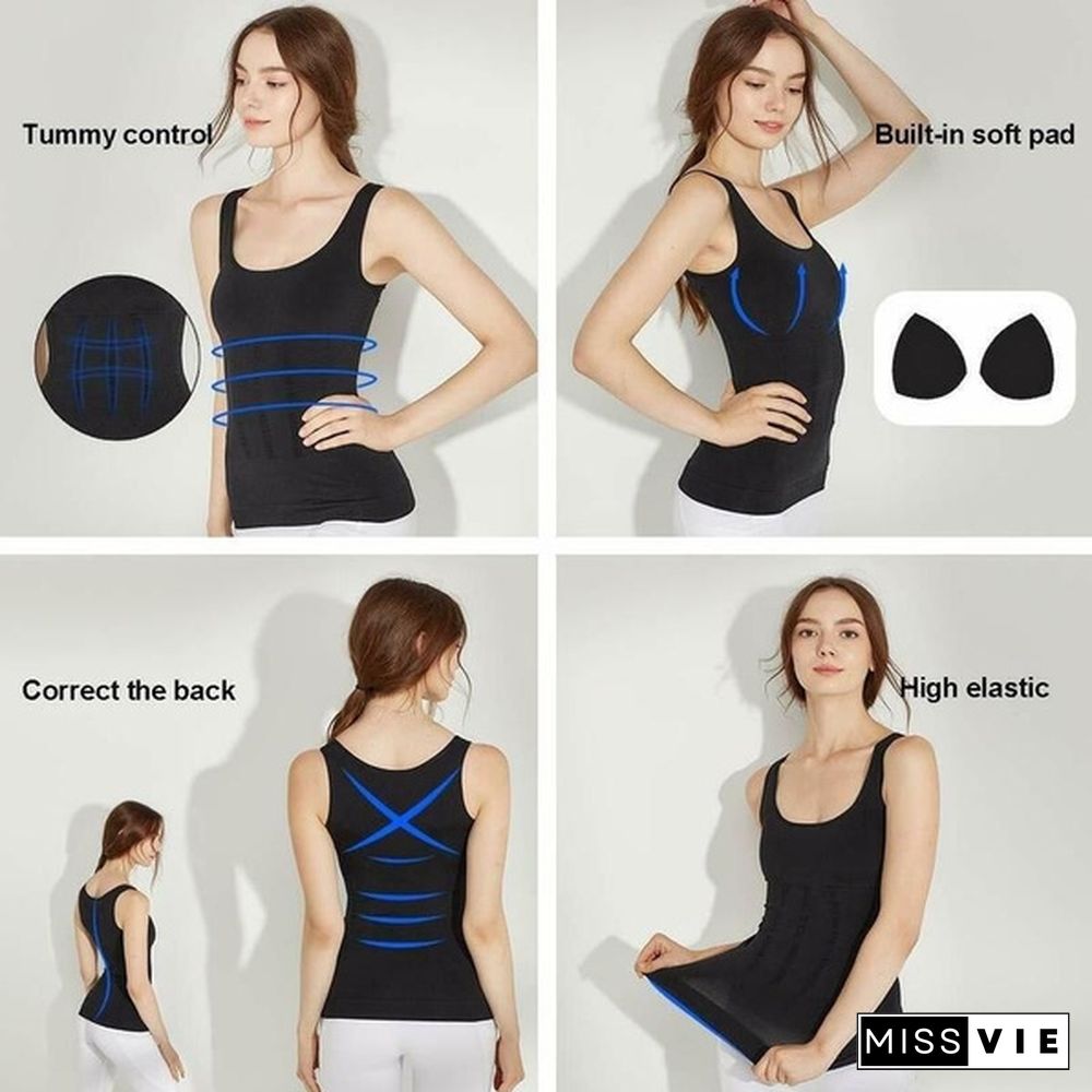 Women's Casual Cami Shaper Compression Shirt Tank Top with Padded Built in Bra Camisole Body Slimming Shapewear