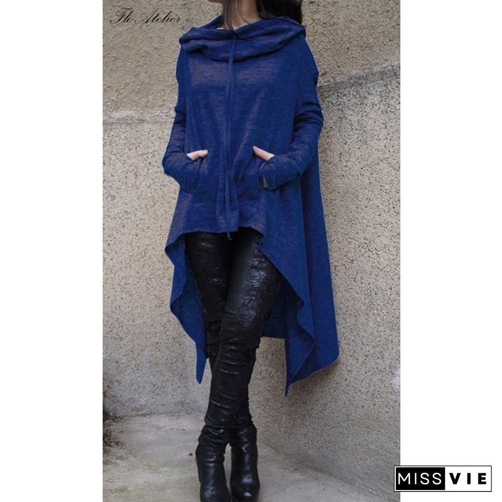 Womens Solid Color Draw Cord Coat Long Sleeve Loose Casual Long Hoodies Sweatshirts Poncho Coat Hooded Pullover