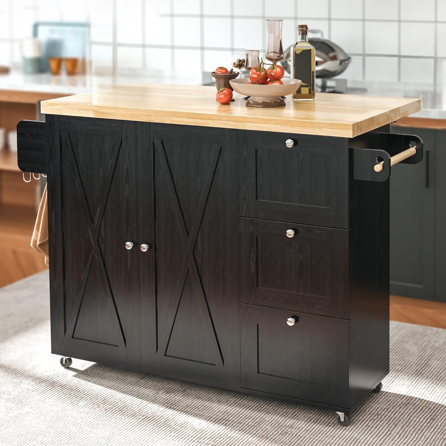 Rolling Kitchen Island with Storage Cabinets, Kitchen Cart with Folding Drop Leaf, Suitable for Kitchen and Dining Room