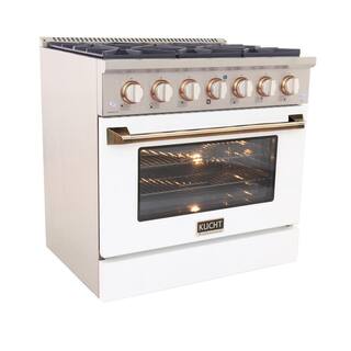 Kucht Custom KNG 36 in. 5.2 cu. ft. Natural Gas Range with Convection Oven in White with White Knobs and Gold Handle KNG361-W-GOLD