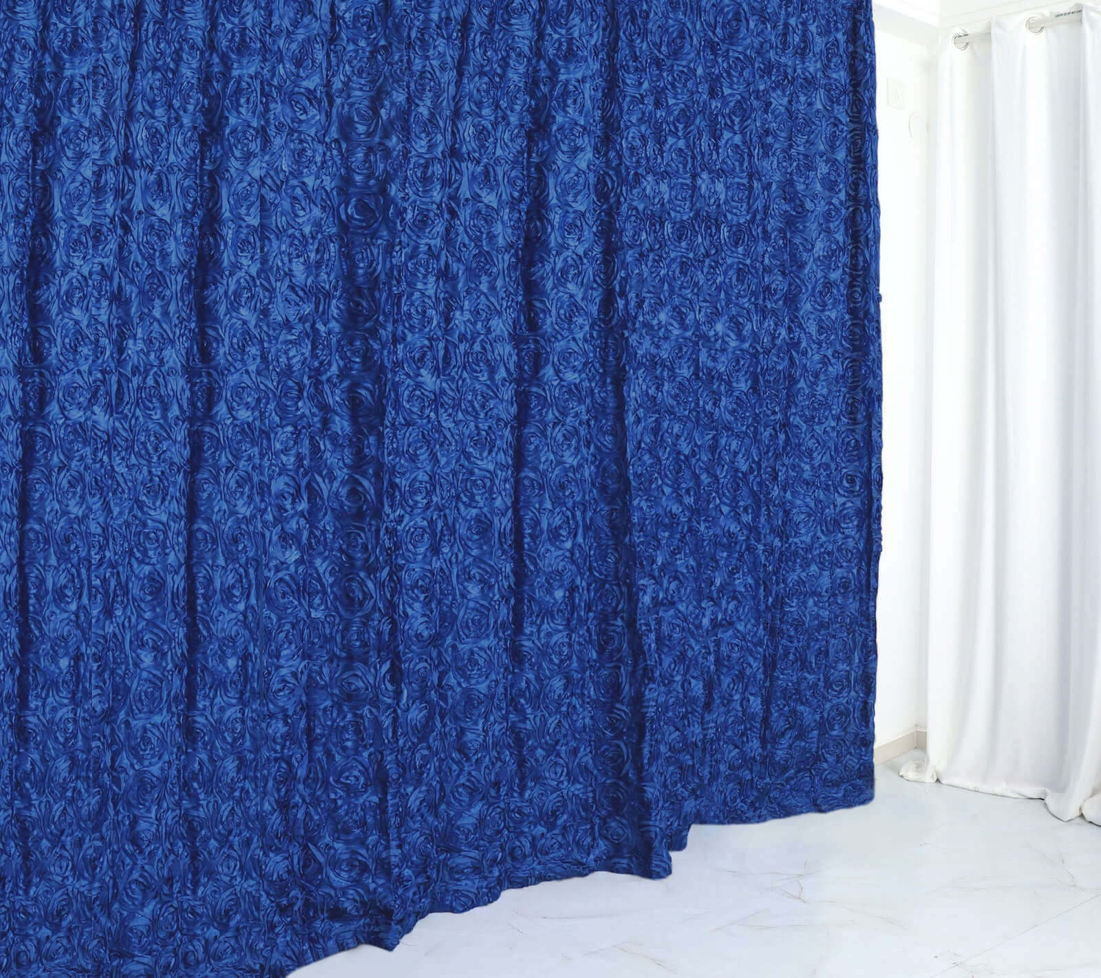 Royal Blue Satin Rosette Backdrop Drape Curtain, Photo Booth Event Divider Panel - 8ftx8ft