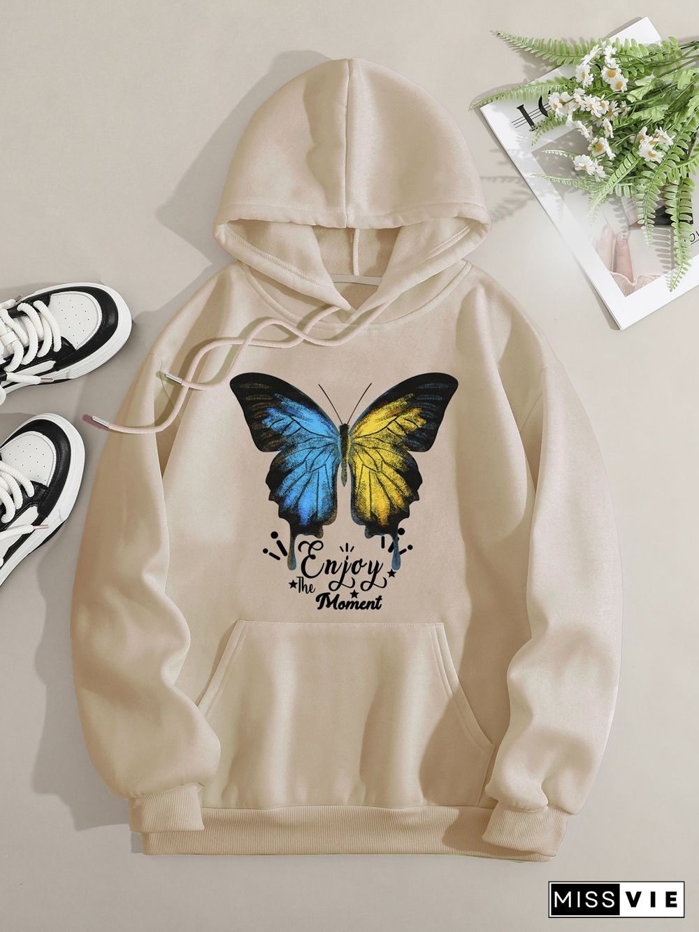 Printed on front Kangaroo Pocket Hoodie Long Sleeve for Women Pattern Butterfly Enjoy the Moment