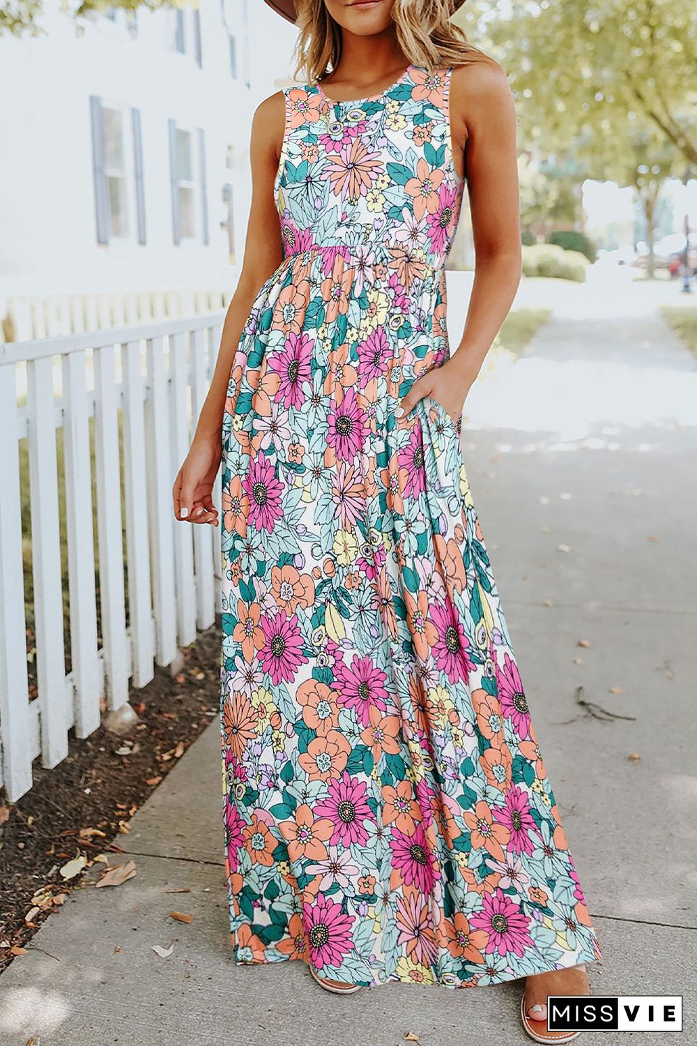 Multicolor Floral Print High Waist Sleeveless Maxi Dress