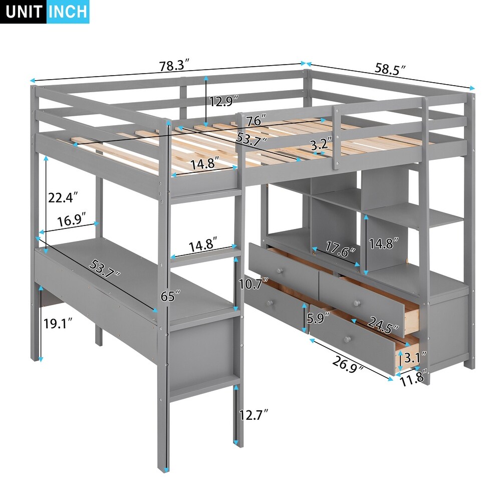 Full Size Loft Bed with Built in Desk with Storage Shelves   Drawers