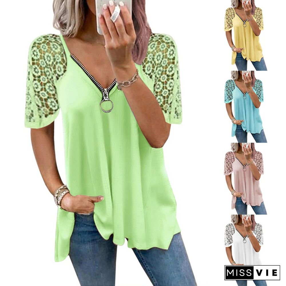 Summer Women's Lace Stitching Short Sleeve Tops Solid Color Loose T-shirt Fashion Casual Women's Clothing Plus Size Femmes