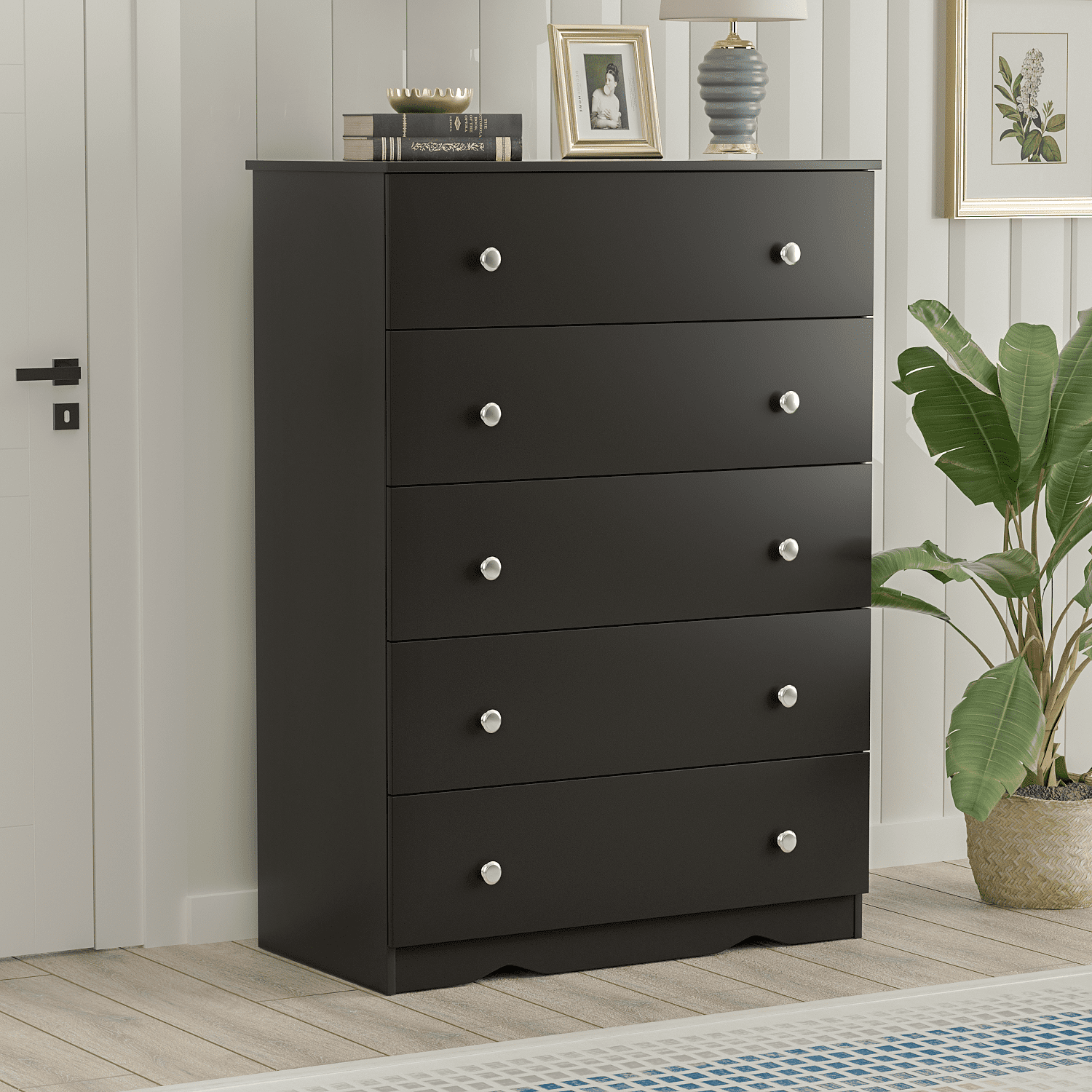 Homall 5 Drawer Dresser for Bedroom Chest of Drawers with Wooden Top Tall Storage Cabinet Nightstand for Living Room, Entryway, Children Room(Black)