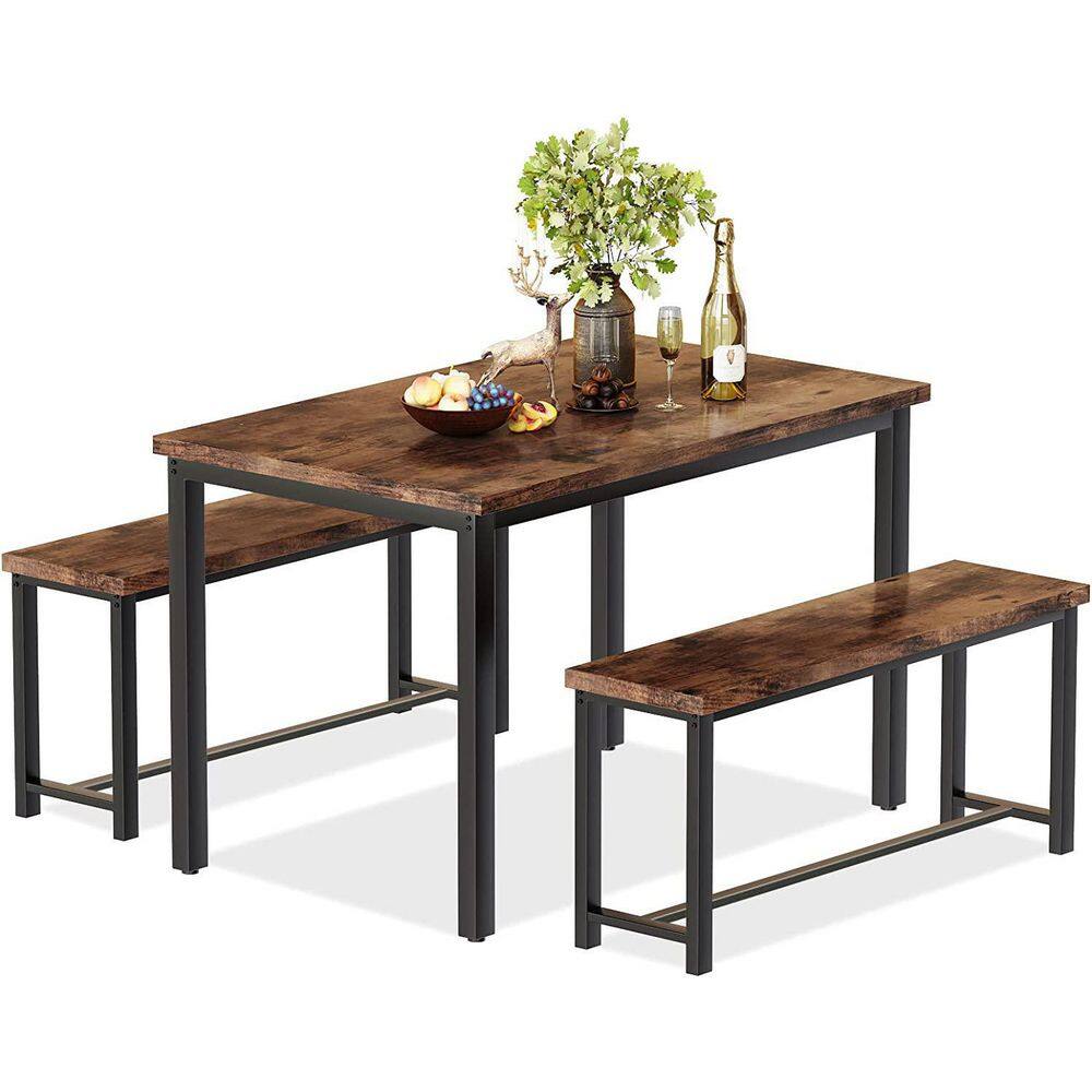 mieres 3-Pieace Dining Table Set with 2-Beanch and 1-Rectangle Table Metal Frame and Wood Top WYZW368357881