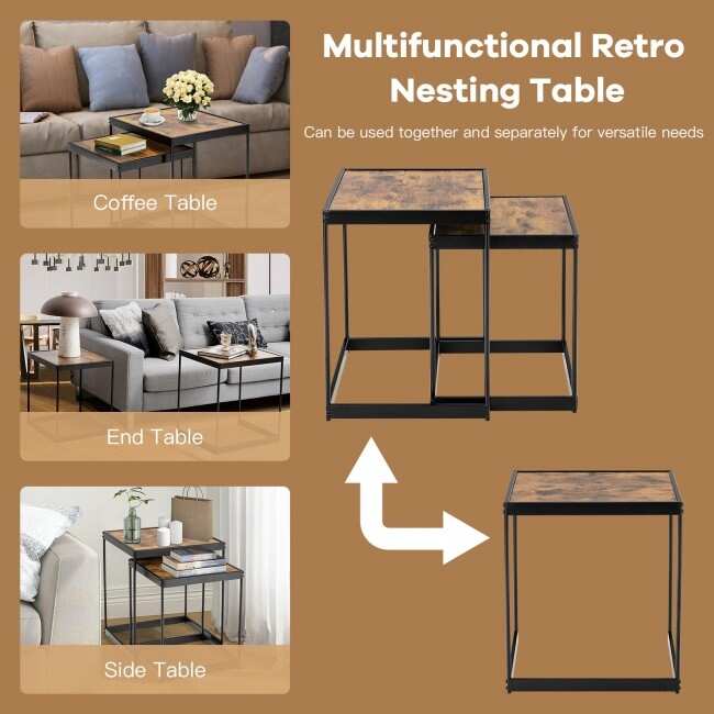 Set of 2 Modern Nesting Tables with Sturdy Steel Frame for Living Room Rustic Brown   20\