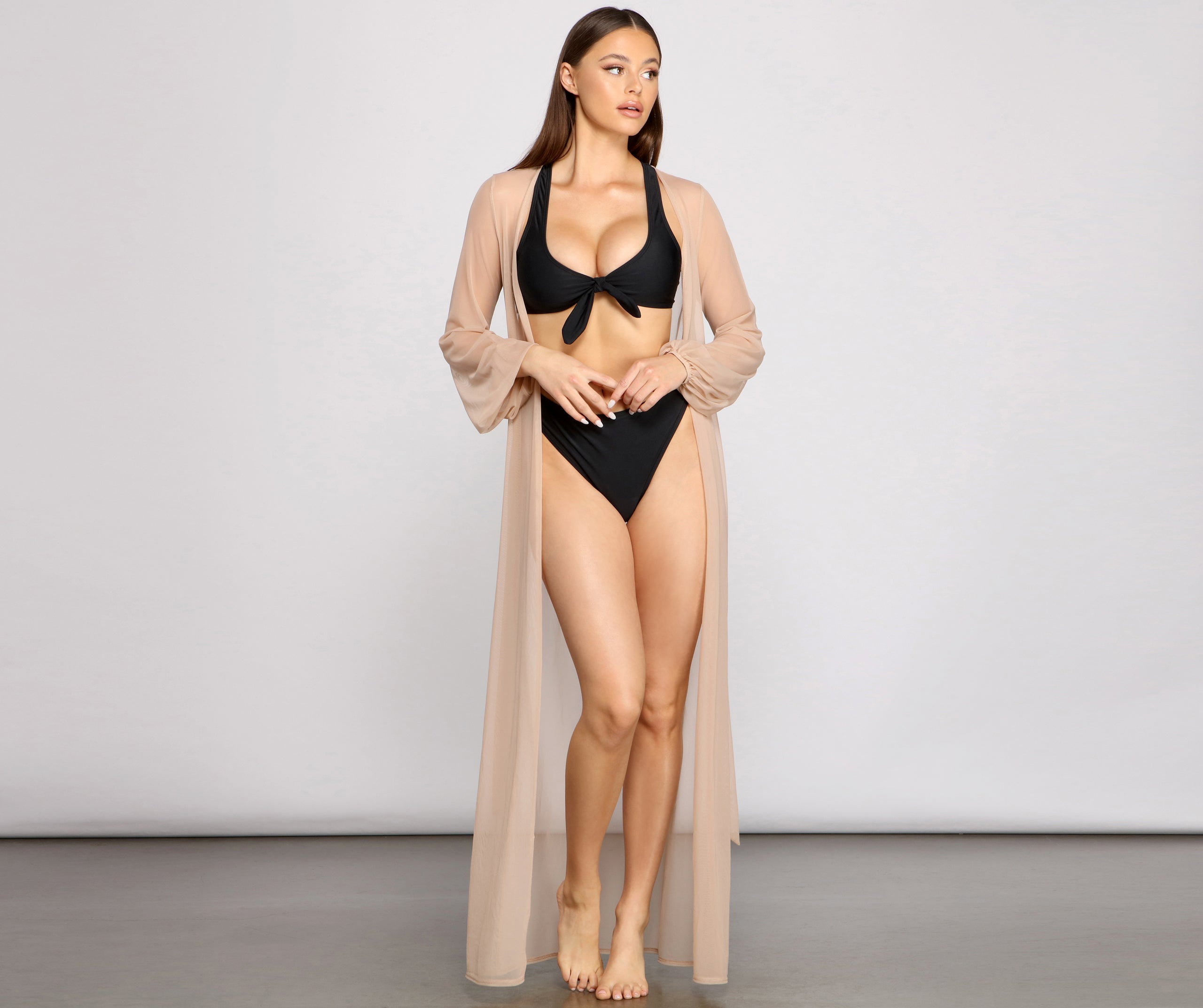 Mesh Tie Waist Long Duster