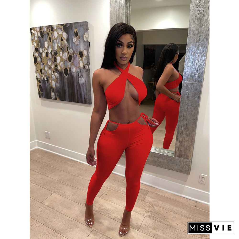 Bodycon Solid Color Wrap Top Pants Sexy 2 Piece Set