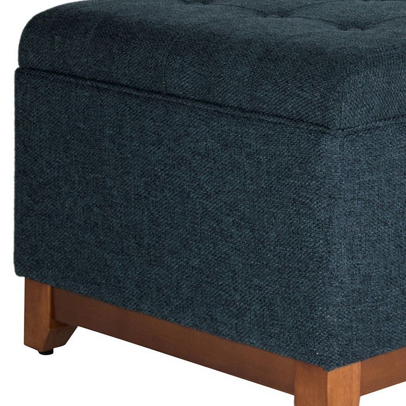 Textured Fabric Upholstered Wooden Ottoman With Button Tufted Top， Blue and Brown