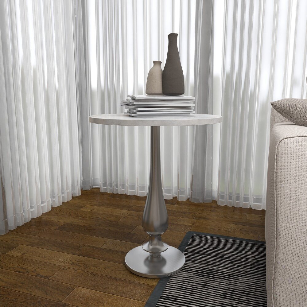 White Marble Accent Table with Silver Aluminium Base   20 x 20 x 24Round