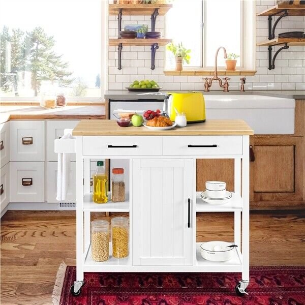 Mobile Kitchen Island Kitchen Cart with Bamboo Top and Storage Cabinets and Drawer