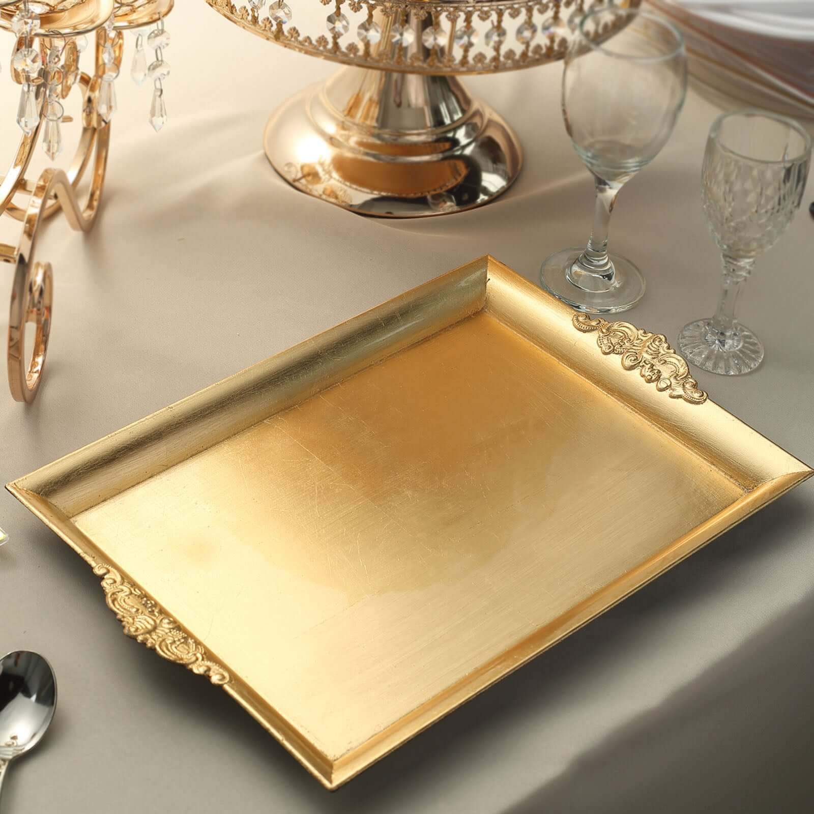 2 Pack Gold Rectangle Decorative Acrylic Serving Trays With Embossed Rims 14