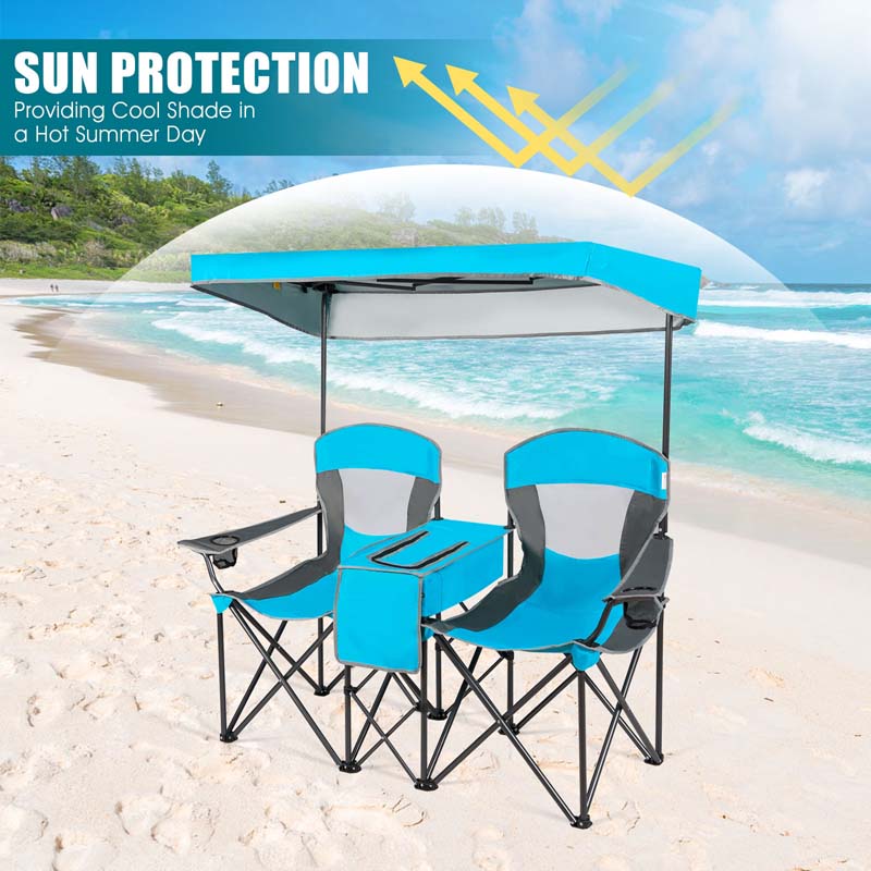 Double Sunshade Camping Canopy Chair with Mini Table, Cup Holder, Portable Folding Beach Chair with Canopy