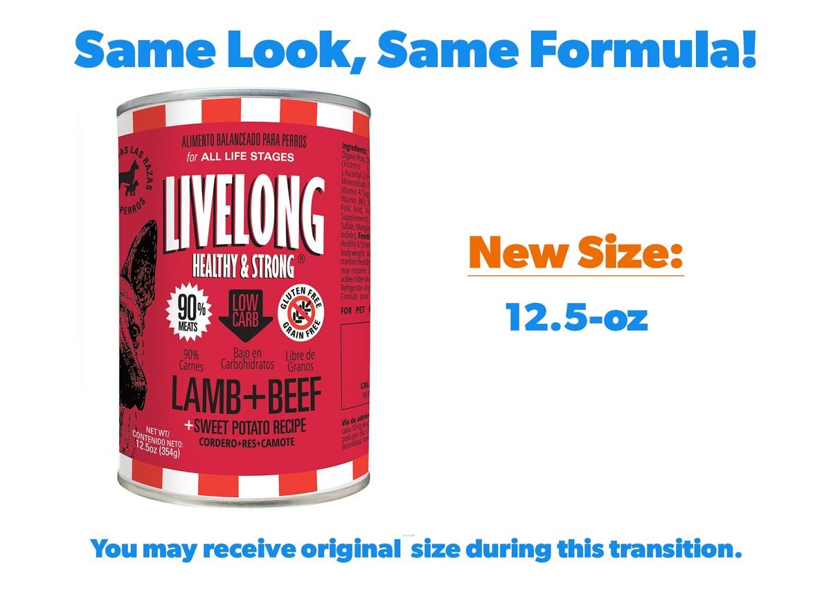 Livelong Healthy and Strong Lamb， Beef and Sweet Potato Recipe Wet Dog Food， 12.5-oz can， case of 12