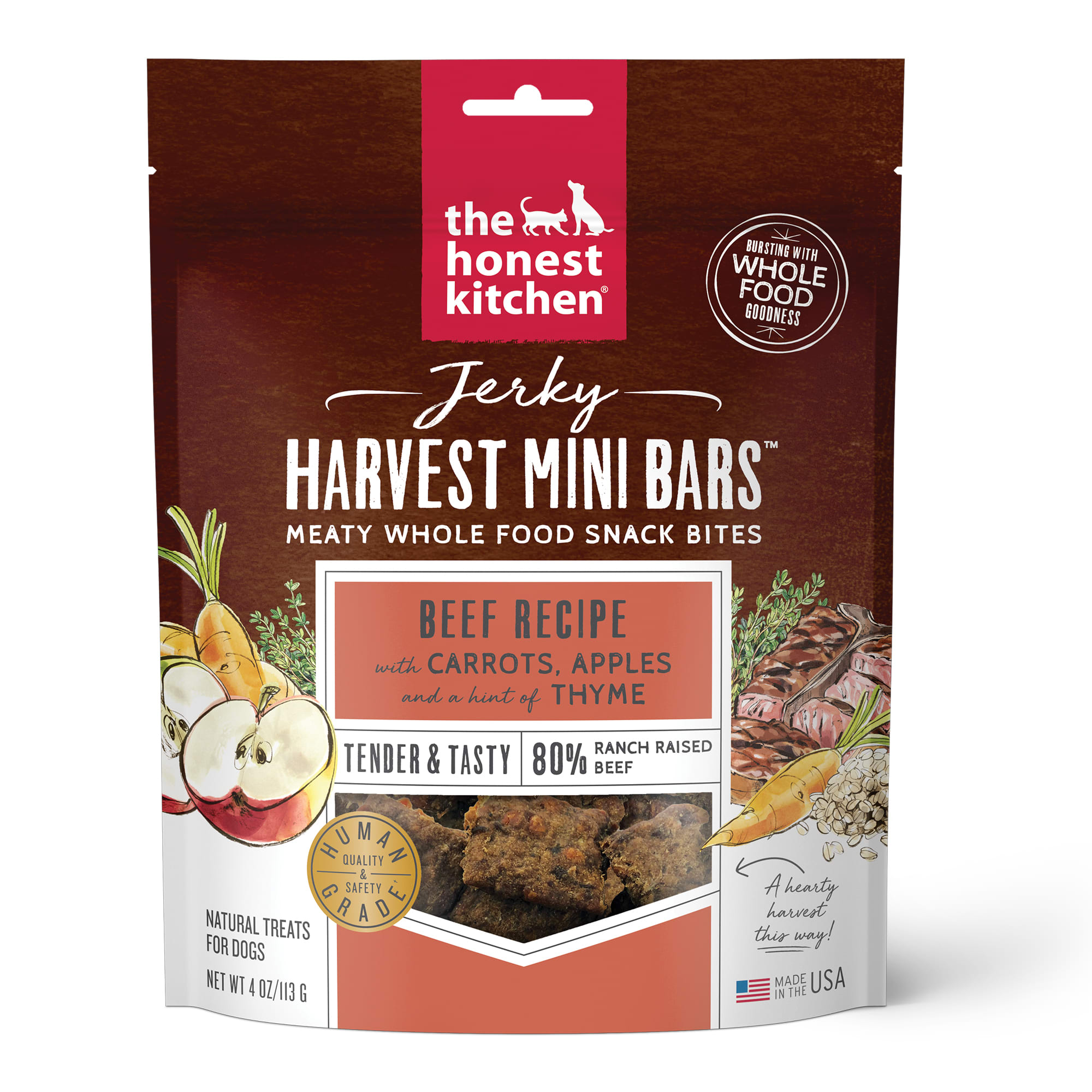 The Honest Kitchen Jerky Harvest Mini Bars: Beef Recipe With Carrots  Apples Dog Treats， 4 oz.